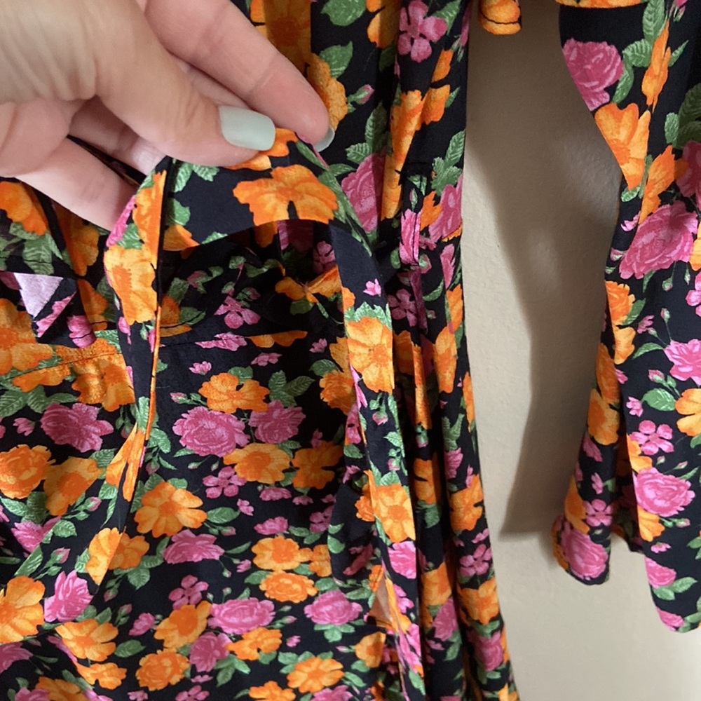 New Black & Orange Floral Ruffled TopShop Wrap Dress Long Sleeve 6 Spring Fall - Picture 4 of 10